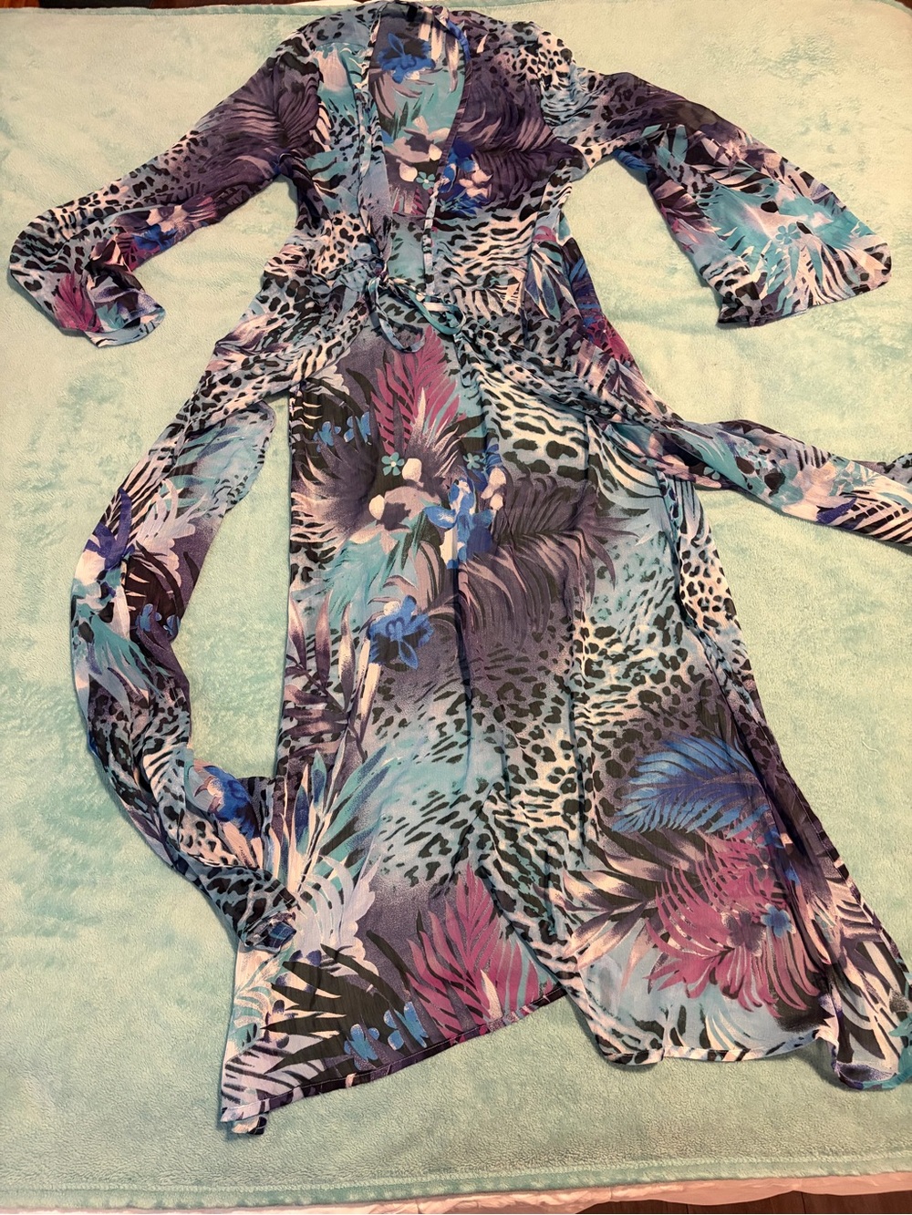 Floral & Animal Print Sheer Long-Sleeve tie cover up in Teal, Purple & Pink